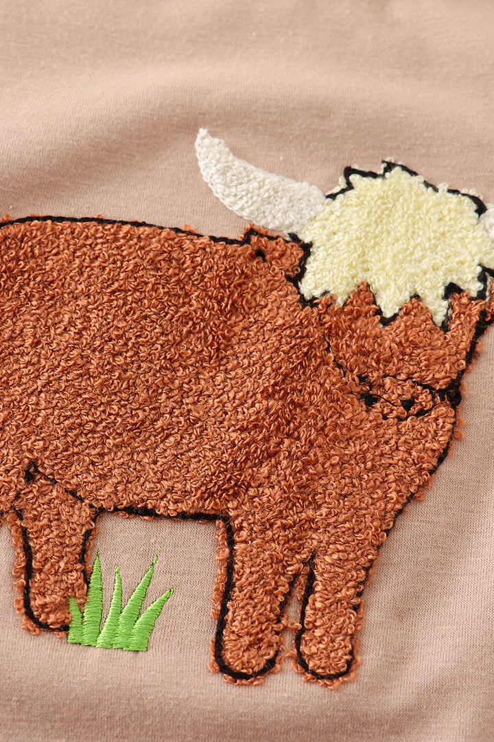 Brown Highland Cow French Knot Long Sleeve
