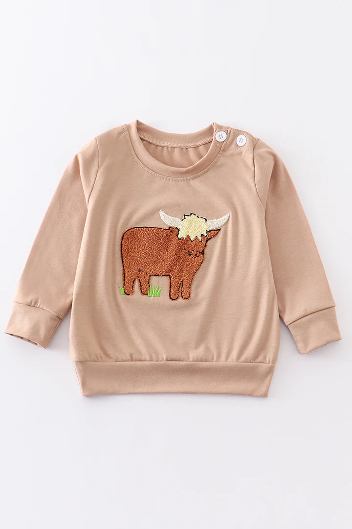 Brown Highland Cow French Knot Long Sleeve