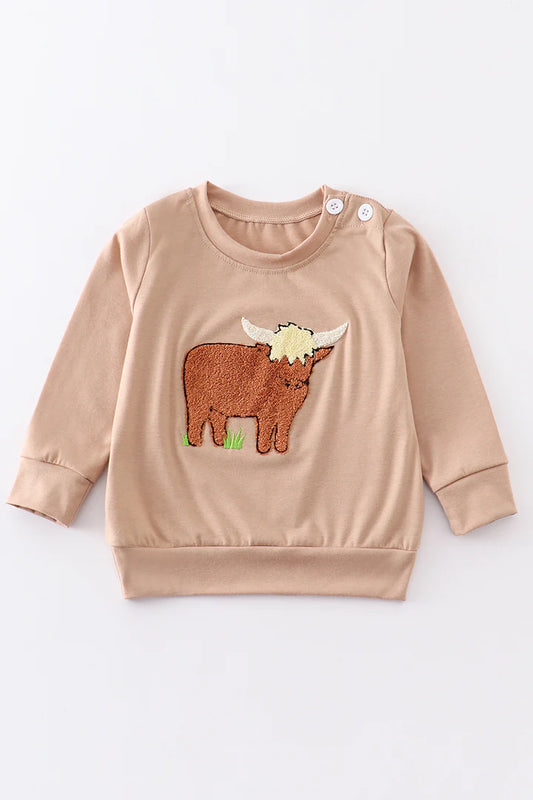 Brown Highland Cow French Knot Long Sleeve
