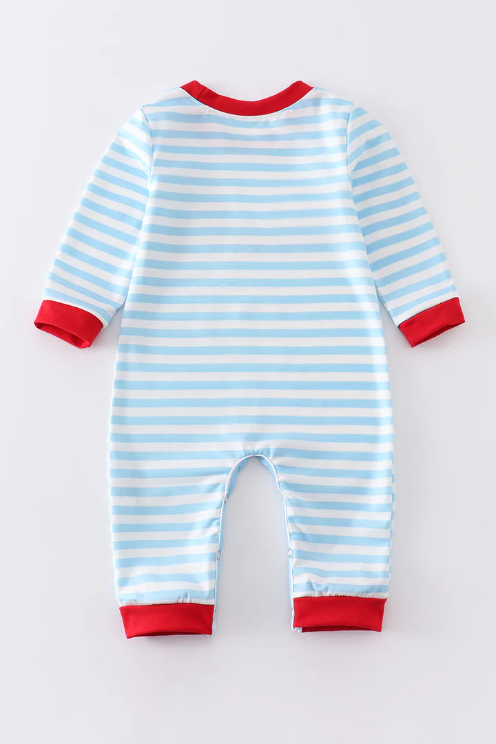 Blue Stripe Fire Engine Embroidery Romper