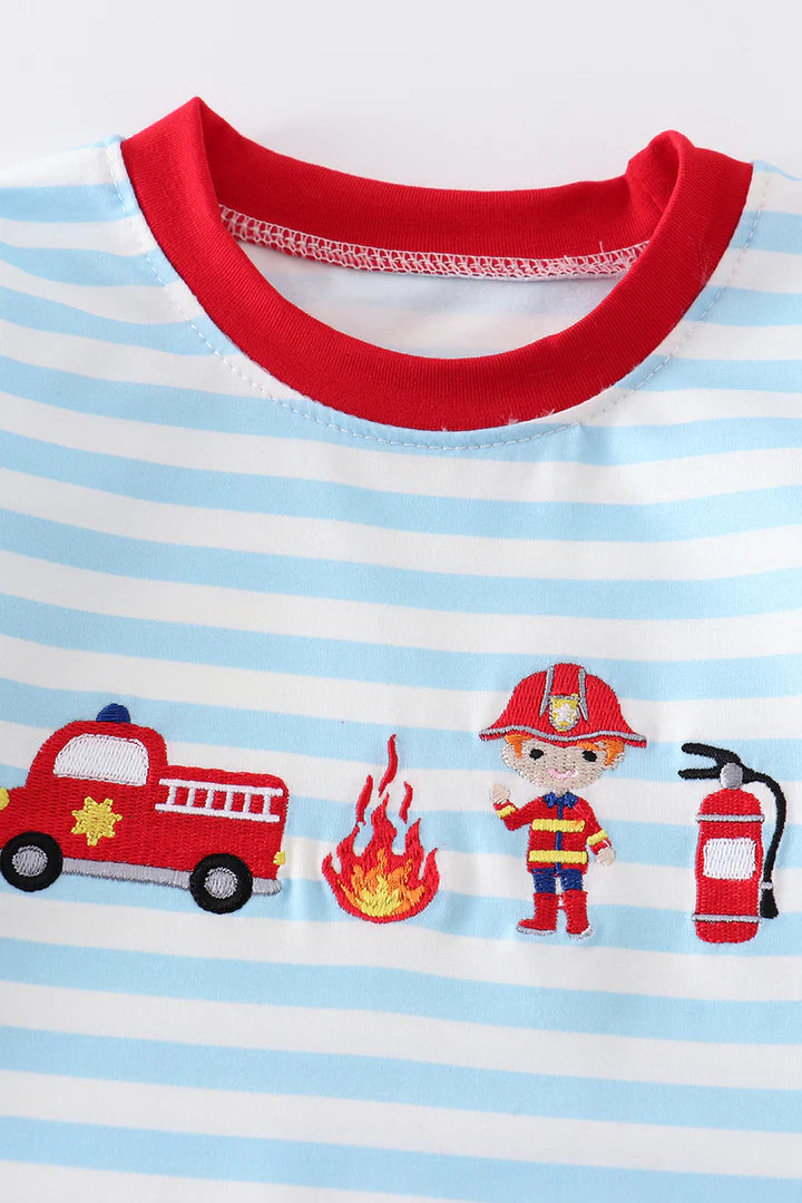 Blue Stripe Fire Engine Embroidery Romper
