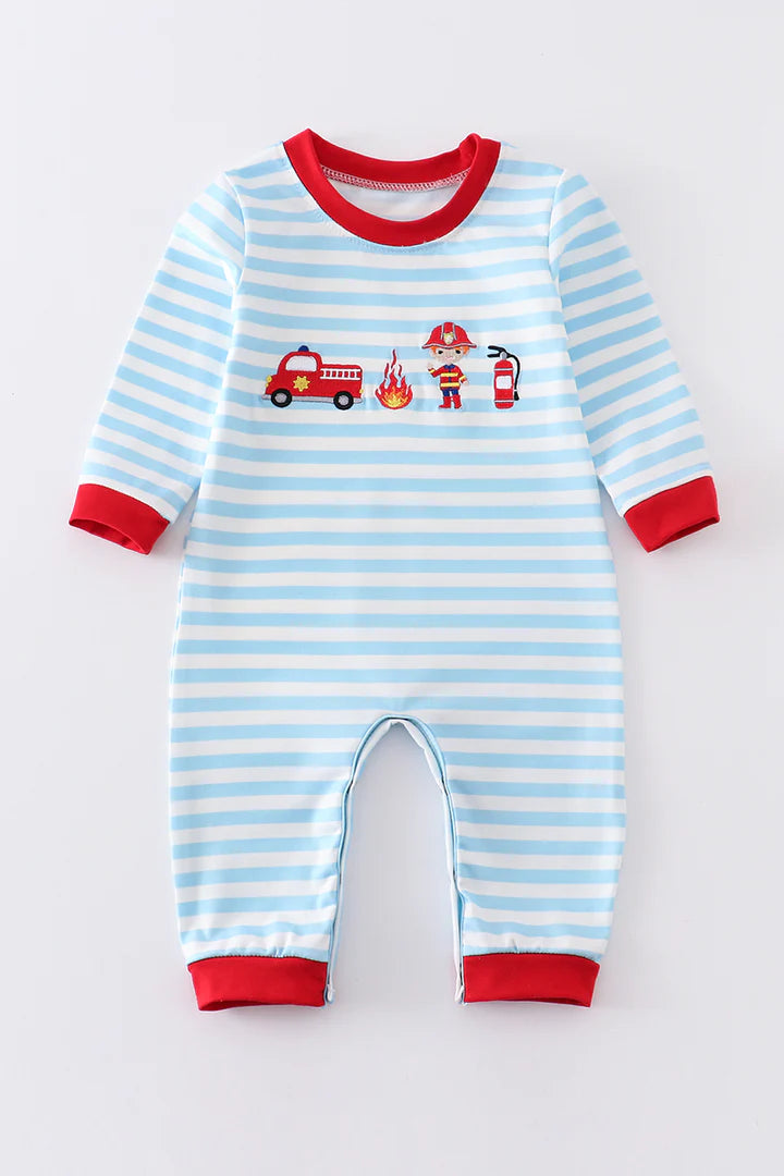 Blue Stripe Fire Engine Embroidery Romper