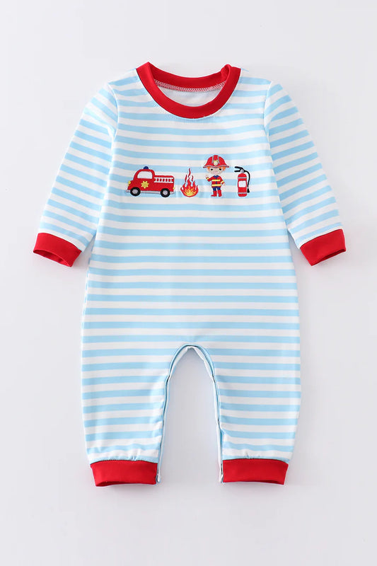 Blue Stripe Fire Engine Embroidery Romper